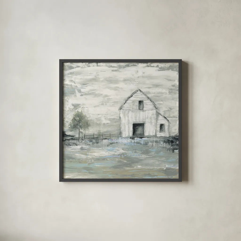 Iowa Barn II by Courtney Prahl. Shown in a sleek black glass frame for a contemporary gallery look. Available as an archival giclee rolled canvas, fine art paper, or poster print. SKU 61962a.