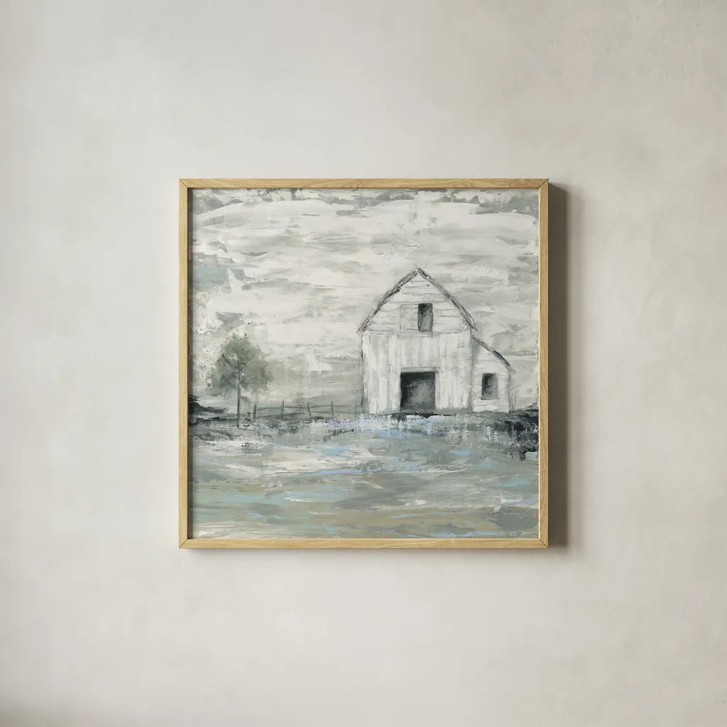 Iowa Barn II by Courtney Prahl. Shown in a natural wood glass frame for a timeless modern aesthetic. Available as an archival giclee rolled canvas, fine art paper, or poster print. SKU 61962a.