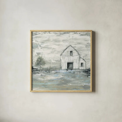 Iowa Barn II by Courtney Prahl. Shown in a natural wood glass frame for a timeless modern aesthetic. Available as an archival giclee rolled canvas, fine art paper, or poster print. SKU 61962a.