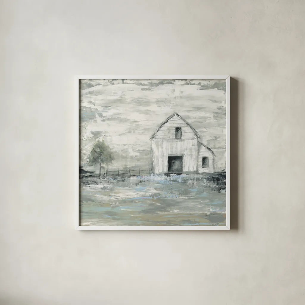 Iowa Barn II by Courtney Prahl. Shown in a crisp white glass frame for a clean and minimalist style. Available as an archival giclee rolled canvas, fine art paper, or poster print. SKU 61962a.