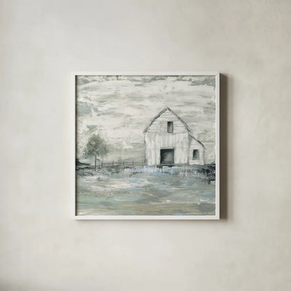 Iowa Barn II by Courtney Prahl. Shown in a crisp white glass frame for a clean and minimalist style. Available as an archival giclee rolled canvas, fine art paper, or poster print. SKU 61962a.