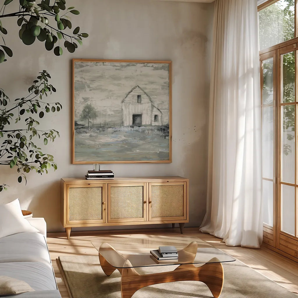 Iowa Barn II by Courtney Prahl. Shown in a natural wood frame in a cozy modern living room. Available as an archival giclee rolled canvas, fine art paper, or poster print. SKU 61962a.