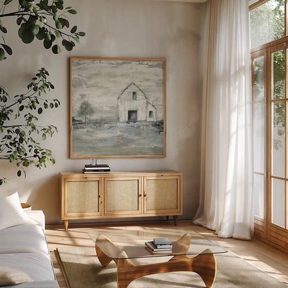 Iowa Barn II by Courtney Prahl. Shown in a natural wood frame in a cozy modern living room. Available as an archival giclee rolled canvas, fine art paper, or poster print. SKU 61962a.