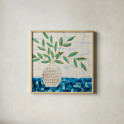 Joyful Leaves by Courtney Prahl. Shown in a natural wood glass frame for a timeless modern aesthetic. Available as an archival giclee rolled canvas, fine art paper, or poster print. SKU 97649a.