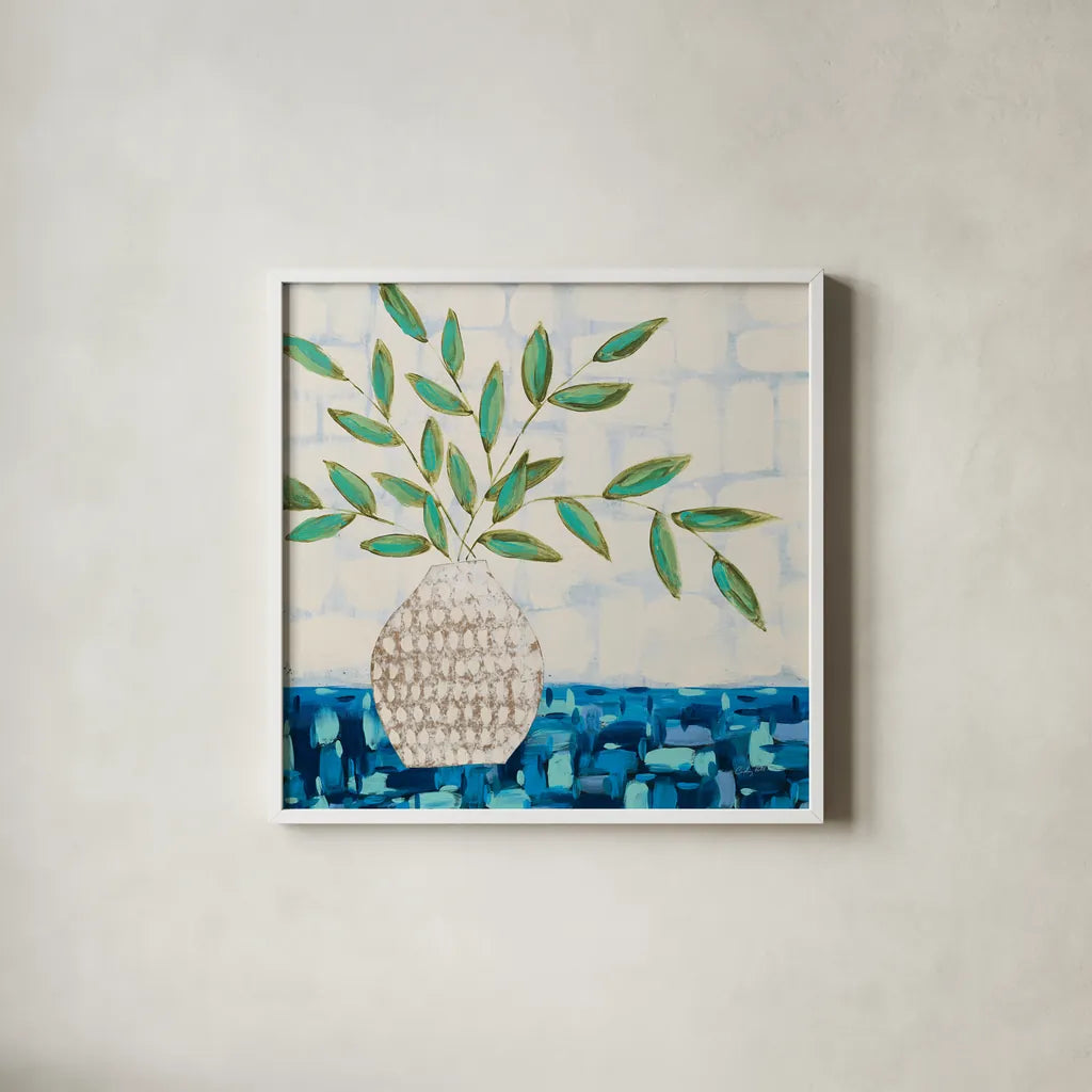 Joyful Leaves by Courtney Prahl. Shown in a crisp white glass frame for a clean and minimalist style. Available as an archival giclee rolled canvas, fine art paper, or poster print. SKU 97649a.