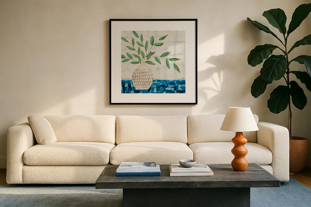 Joyful Leaves by Courtney Prahl. Displayed in a glass frame with matte in a clean modern living room. Available as an archival giclee rolled canvas, fine art paper, or poster print. SKU 97649a.