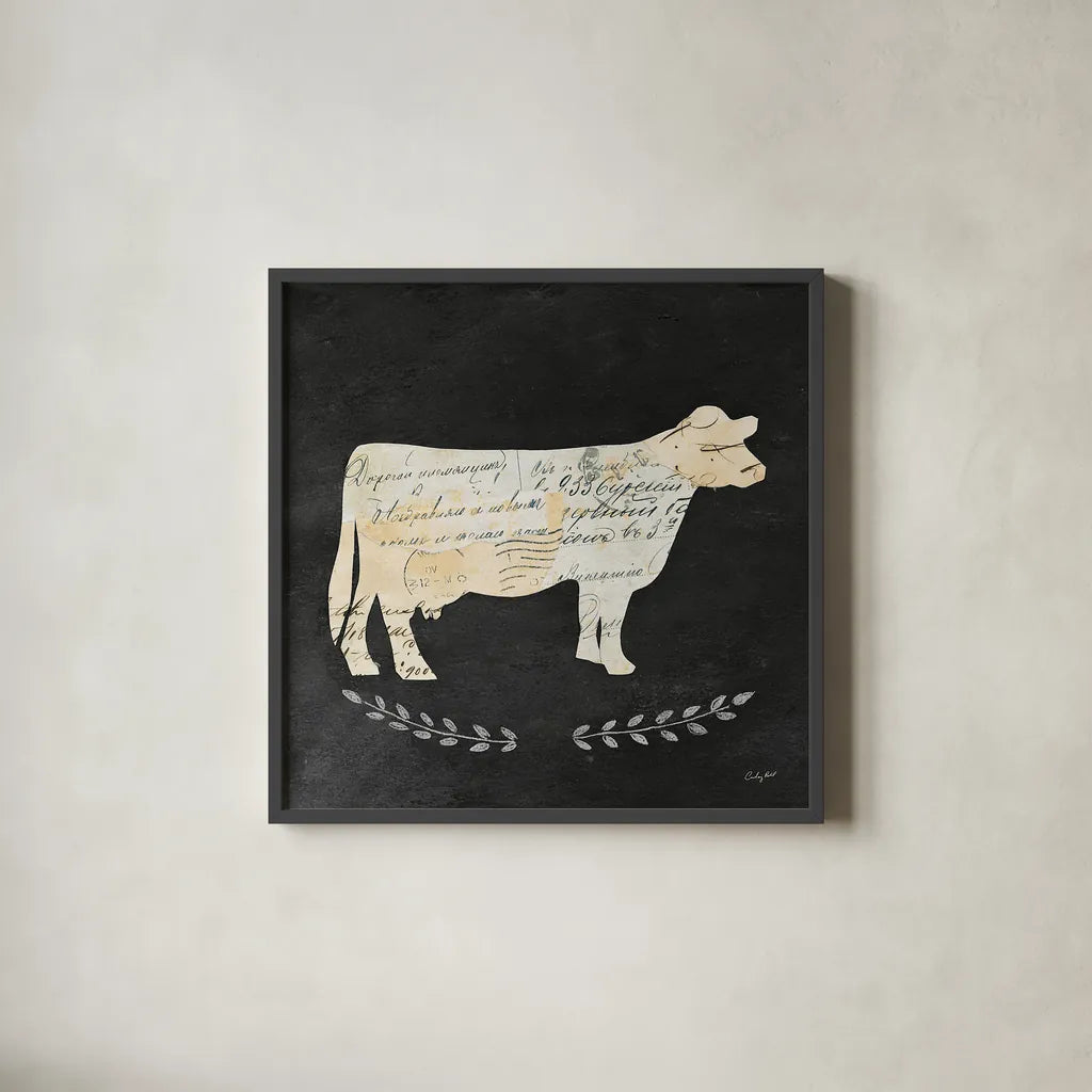 La Vache Cameo Sq no Words by Courtney Prahl. Shown in a sleek black glass frame for a contemporary gallery look. Available as an archival giclee rolled canvas, fine art paper, or poster print. SKU 21814a.