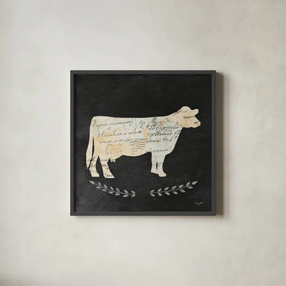 La Vache Cameo Sq no Words by Courtney Prahl. Shown in a sleek black glass frame for a contemporary gallery look. Available as an archival giclee rolled canvas, fine art paper, or poster print. SKU 21814a.