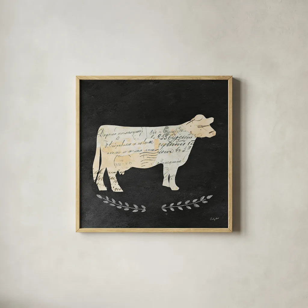 La Vache Cameo Sq no Words by Courtney Prahl. Shown in a natural wood glass frame for a timeless modern aesthetic. Available as an archival giclee rolled canvas, fine art paper, or poster print. SKU 21814a.