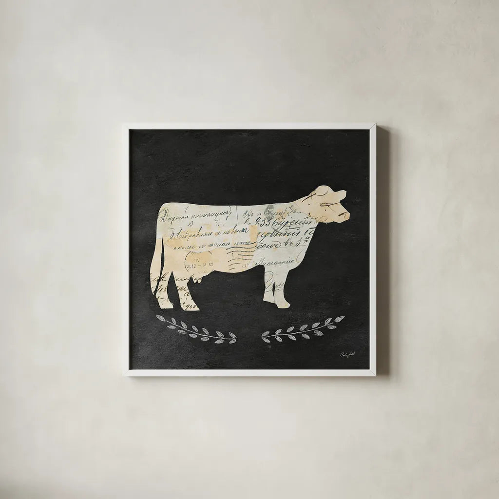 La Vache Cameo Sq no Words by Courtney Prahl. Shown in a crisp white glass frame for a clean and minimalist style. Available as an archival giclee rolled canvas, fine art paper, or poster print. SKU 21814a.