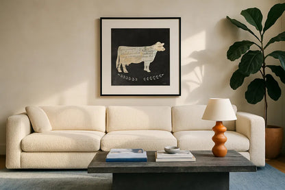 La Vache Cameo Sq no Words by Courtney Prahl. Displayed in a glass frame with matte in a clean modern living room. Available as an archival giclee rolled canvas, fine art paper, or poster print. SKU 21814a.