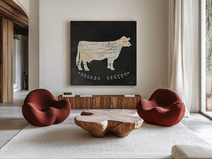 La Vache Cameo Sq no Words by Courtney Prahl. Shown as extra-large giant wall art in a modern living room. Available as an archival giclee rolled canvas, fine art paper, or poster print. SKU 21814a.