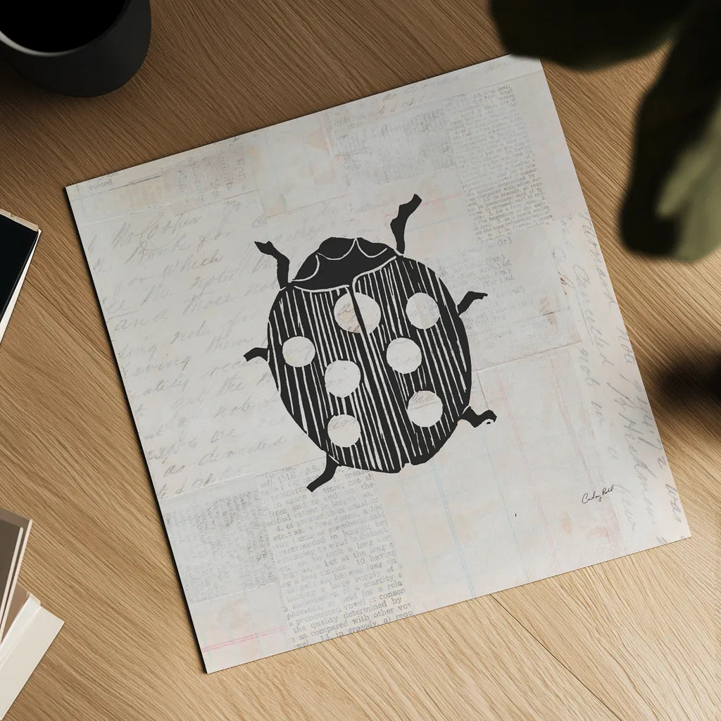 Ladybug Stamp BW by Courtney Prahl. Shown as a detailed flat fine art print, highlighting archival giclee quality. Available as an archival giclee rolled canvas, fine art paper, or poster print. SKU 54281a.