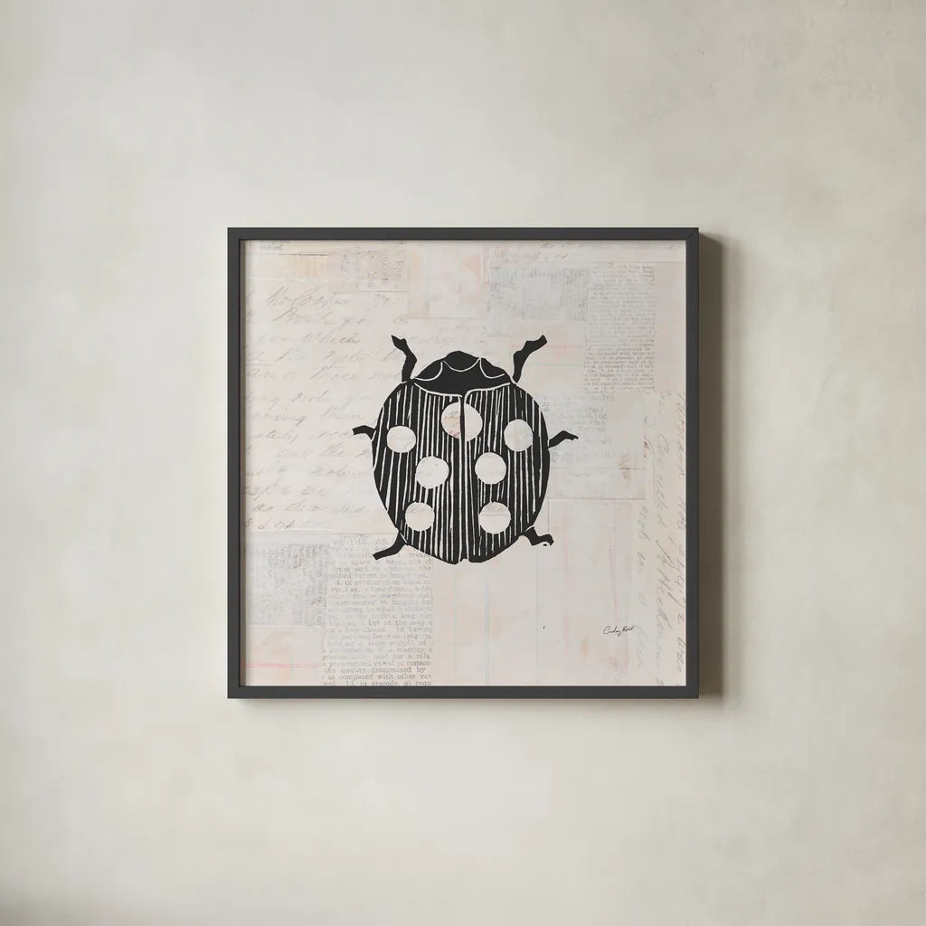 Ladybug Stamp BW by Courtney Prahl. Shown in a sleek black glass frame for a contemporary gallery look. Available as an archival giclee rolled canvas, fine art paper, or poster print. SKU 54281a.