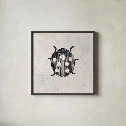 Ladybug Stamp BW by Courtney Prahl. Shown in a sleek black glass frame for a contemporary gallery look. Available as an archival giclee rolled canvas, fine art paper, or poster print. SKU 54281a.