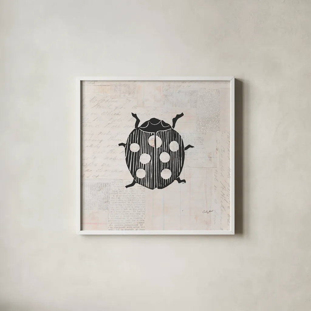 Ladybug Stamp BW by Courtney Prahl. Shown in a crisp white glass frame for a clean and minimalist style. Available as an archival giclee rolled canvas, fine art paper, or poster print. SKU 54281a.