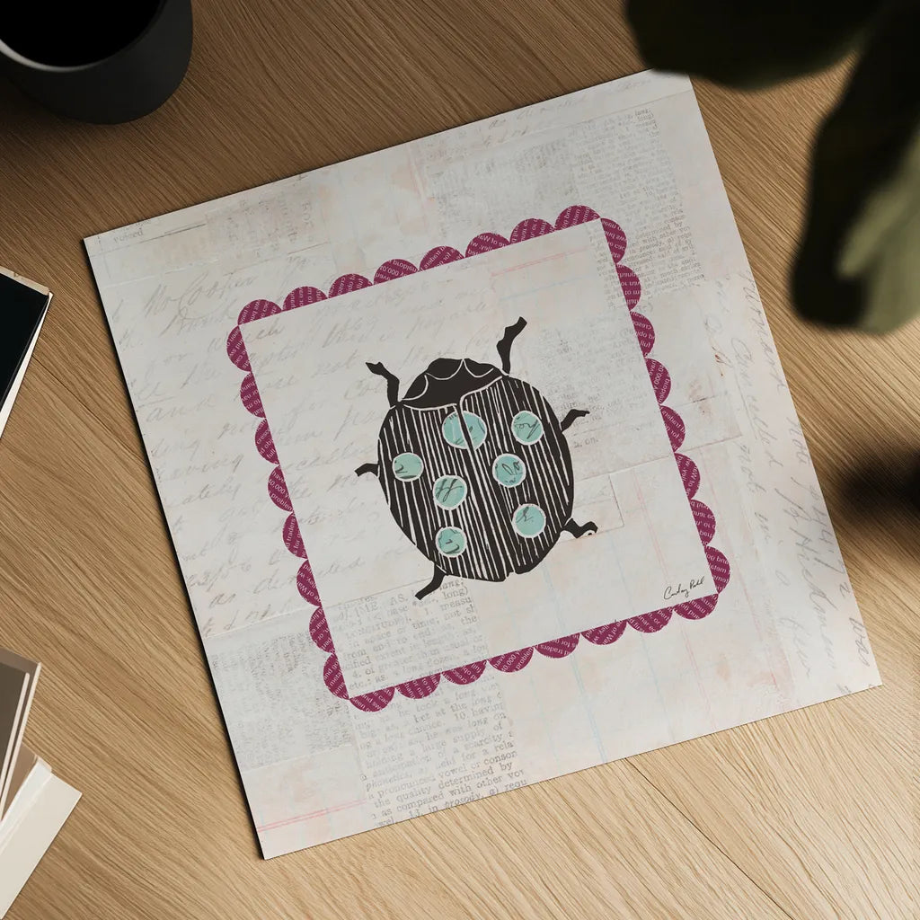 Ladybug Stamp Bright by Courtney Prahl. Shown as a detailed flat fine art print, highlighting archival giclee quality. Available as an archival giclee rolled canvas, fine art paper, or poster print. SKU 42871a.