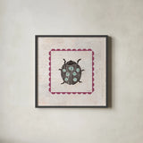 Ladybug Stamp Bright by Courtney Prahl. Shown in a sleek black glass frame for a contemporary gallery look. Available as an archival giclee rolled canvas, fine art paper, or poster print. SKU 42871a.
