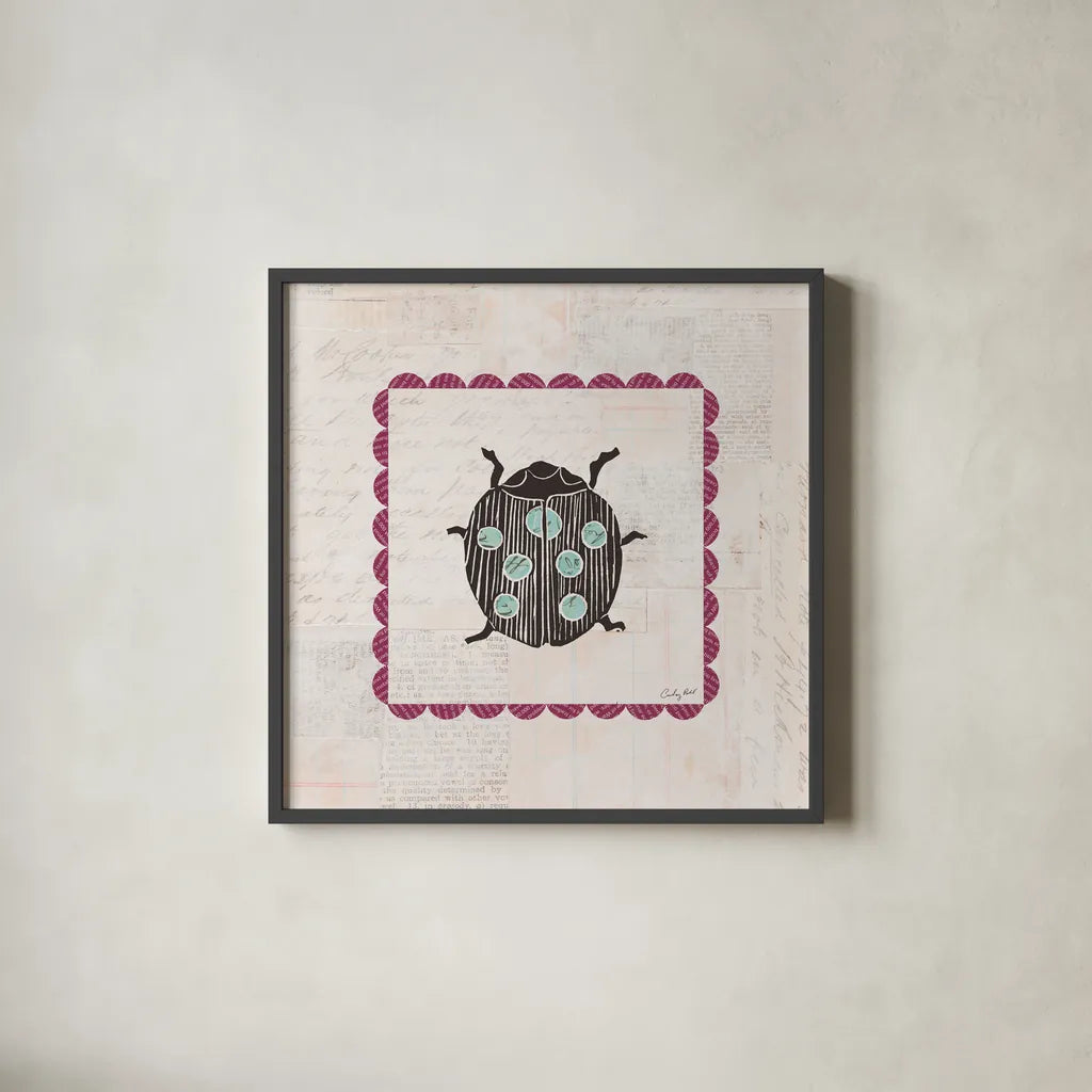 Ladybug Stamp Bright by Courtney Prahl. Shown in a sleek black glass frame for a contemporary gallery look. Available as an archival giclee rolled canvas, fine art paper, or poster print. SKU 42871a.