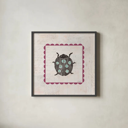 Ladybug Stamp Bright by Courtney Prahl. Shown in a sleek black glass frame for a contemporary gallery look. Available as an archival giclee rolled canvas, fine art paper, or poster print. SKU 42871a.