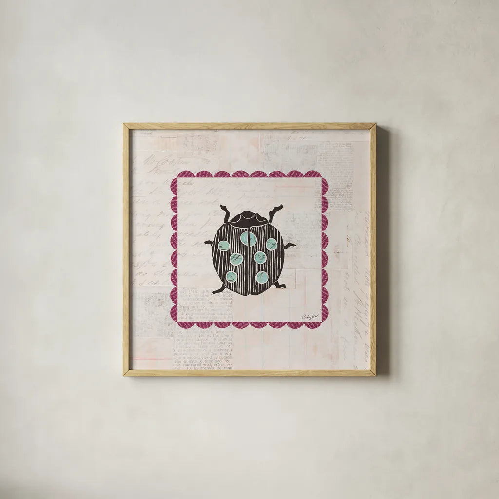 Ladybug Stamp Bright by Courtney Prahl. Shown in a natural wood glass frame for a timeless modern aesthetic. Available as an archival giclee rolled canvas, fine art paper, or poster print. SKU 42871a.