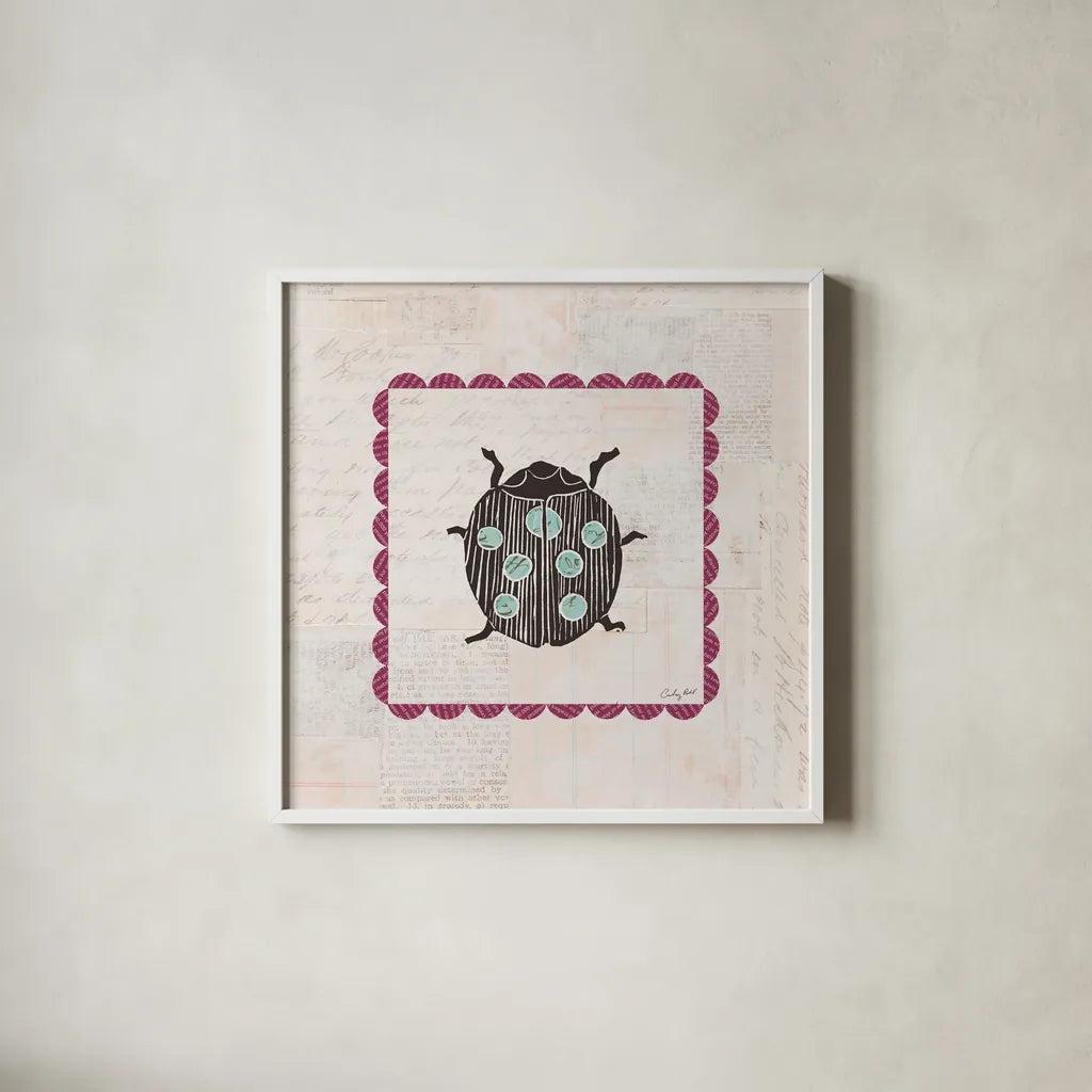 Ladybug Stamp Bright by Courtney Prahl. Shown in a crisp white glass frame for a clean and minimalist style. Available as an archival giclee rolled canvas, fine art paper, or poster print. SKU 42871a.