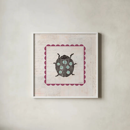 Ladybug Stamp Bright by Courtney Prahl. Shown in a crisp white glass frame for a clean and minimalist style. Available as an archival giclee rolled canvas, fine art paper, or poster print. SKU 42871a.