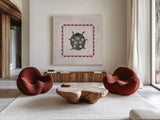 Ladybug Stamp Bright by Courtney Prahl. Shown as extra-large giant wall art in a modern living room. Available as an archival giclee rolled canvas, fine art paper, or poster print. SKU 42871a.
