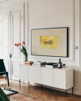 Laugh Collage by Courtney Prahl. shown as a framed stretched canvas in a living room above a console. Available as a archival giclee rolled canvas, fine art paper, or poster print. SKU 52562i.