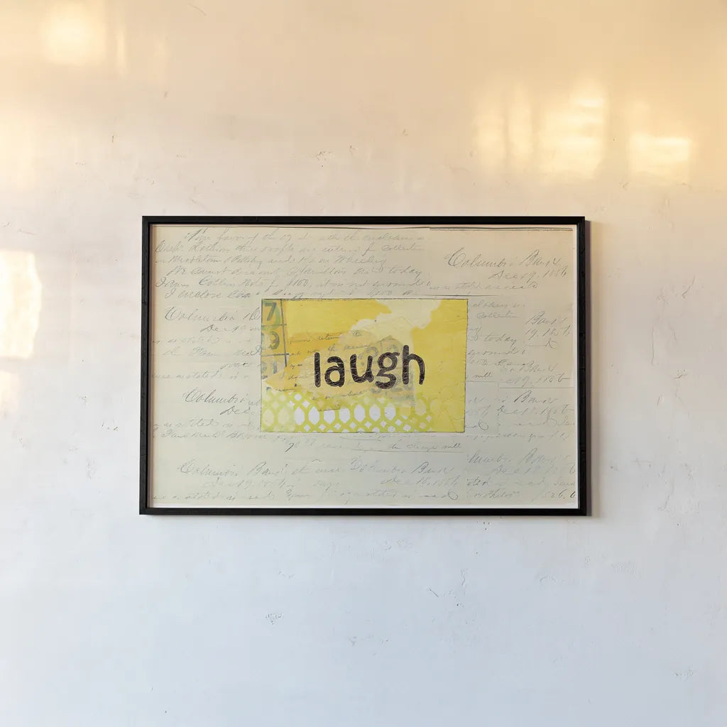 Laugh Collage by Courtney Prahl. shown as a paper print in a black flame. Available as a archival giclee rolled canvas, fine art paper, or poster print. SKU 52562i.