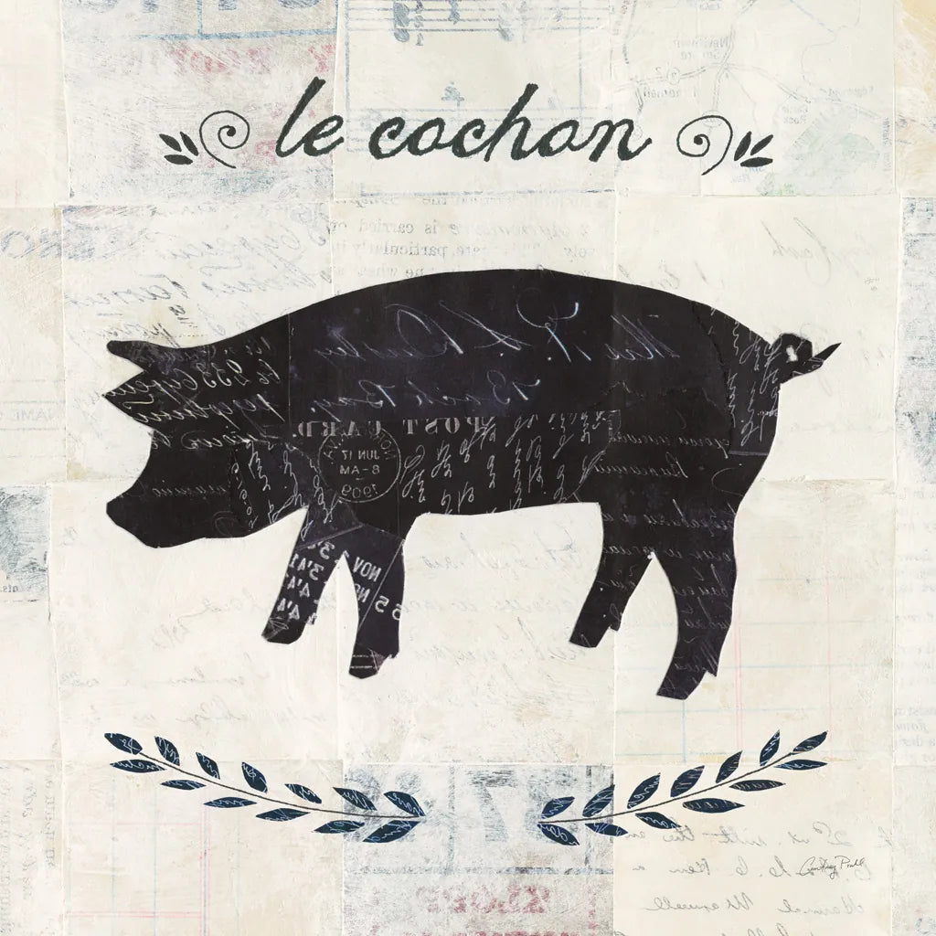 Le Cochon Silhouette Sq Words by Courtney Prahl. SKU 52532a. Archival Giclee Fine art print for wall decor.