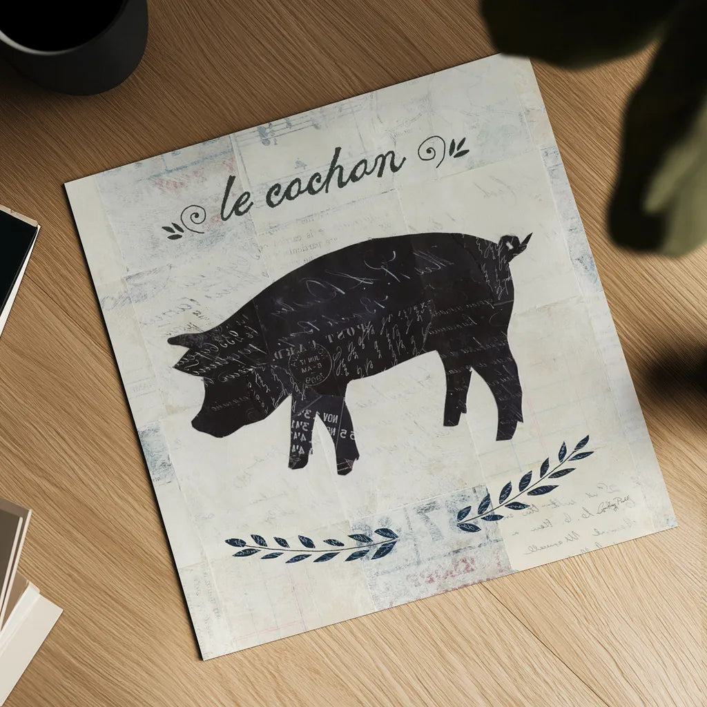 Le Cochon Silhouette Sq Words by Courtney Prahl. Shown as a detailed flat fine art print, highlighting archival giclee quality. Available as an archival giclee rolled canvas, fine art paper, or poster print. SKU 52532a.
