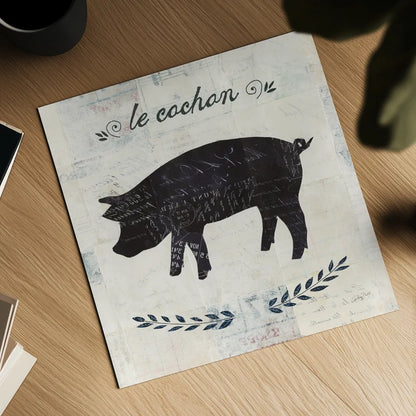 Le Cochon Silhouette Sq Words by Courtney Prahl. Shown as a detailed flat fine art print, highlighting archival giclee quality. Available as an archival giclee rolled canvas, fine art paper, or poster print. SKU 52532a.