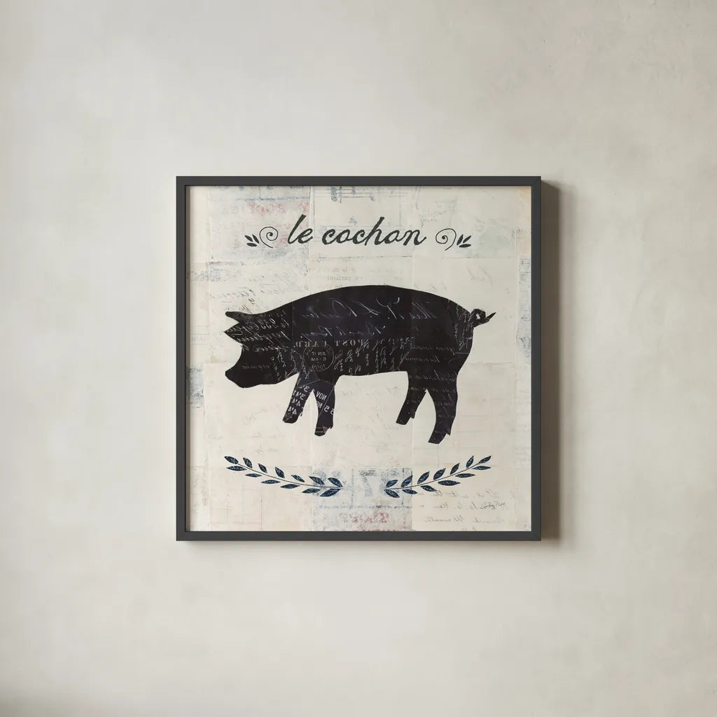 Le Cochon Silhouette Sq Words by Courtney Prahl. Shown in a sleek black glass frame for a contemporary gallery look. Available as an archival giclee rolled canvas, fine art paper, or poster print. SKU 52532a.