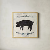 Le Cochon Silhouette Sq Words by Courtney Prahl. Shown in a natural wood glass frame for a timeless modern aesthetic. Available as an archival giclee rolled canvas, fine art paper, or poster print. SKU 52532a.