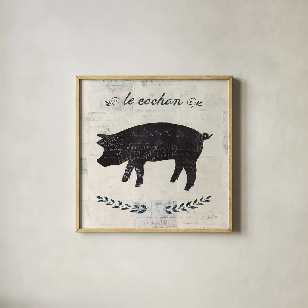 Le Cochon Silhouette Sq Words by Courtney Prahl. Shown in a natural wood glass frame for a timeless modern aesthetic. Available as an archival giclee rolled canvas, fine art paper, or poster print. SKU 52532a.