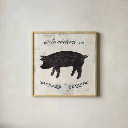 Le Cochon Silhouette Sq Words by Courtney Prahl. Shown in a natural wood glass frame for a timeless modern aesthetic. Available as an archival giclee rolled canvas, fine art paper, or poster print. SKU 52532a.