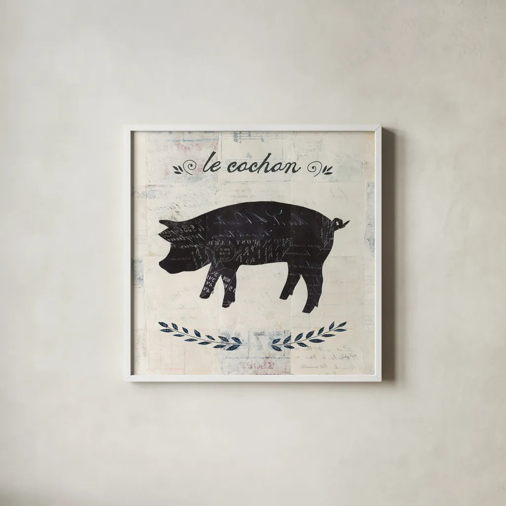 Le Cochon Silhouette Sq Words by Courtney Prahl. Shown in a crisp white glass frame for a clean and minimalist style. Available as an archival giclee rolled canvas, fine art paper, or poster print. SKU 52532a.