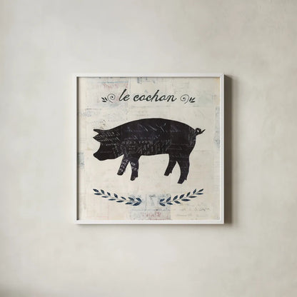 Le Cochon Silhouette Sq Words by Courtney Prahl. Shown in a crisp white glass frame for a clean and minimalist style. Available as an archival giclee rolled canvas, fine art paper, or poster print. SKU 52532a.