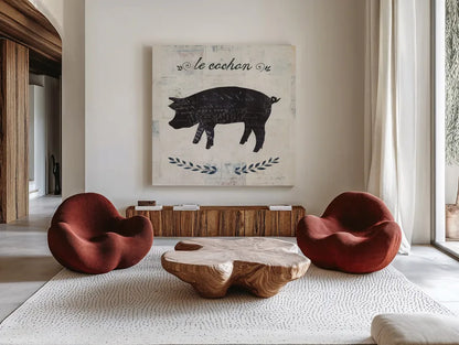 Le Cochon Silhouette Sq Words by Courtney Prahl. Shown as extra-large giant wall art in a modern living room. Available as an archival giclee rolled canvas, fine art paper, or poster print. SKU 52532a.