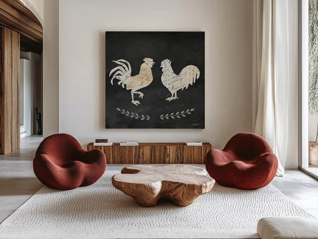 Le Coq Cameo Sq no Words by Courtney Prahl. Shown as extra-large giant wall art in a modern living room. Available as an archival giclee rolled canvas, fine art paper, or poster print. SKU 21816a.