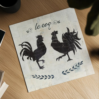 Le Coq Silhouette Sq Words by Courtney Prahl. Shown as a detailed flat fine art print, highlighting archival giclee quality. Available as an archival giclee rolled canvas, fine art paper, or poster print. SKU 52533a.