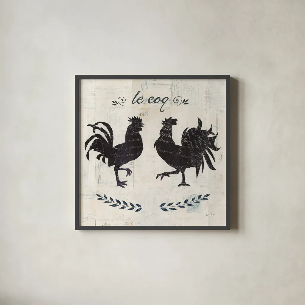 Le Coq Silhouette Sq Words by Courtney Prahl. Shown in a sleek black glass frame for a contemporary gallery look. Available as an archival giclee rolled canvas, fine art paper, or poster print. SKU 52533a.
