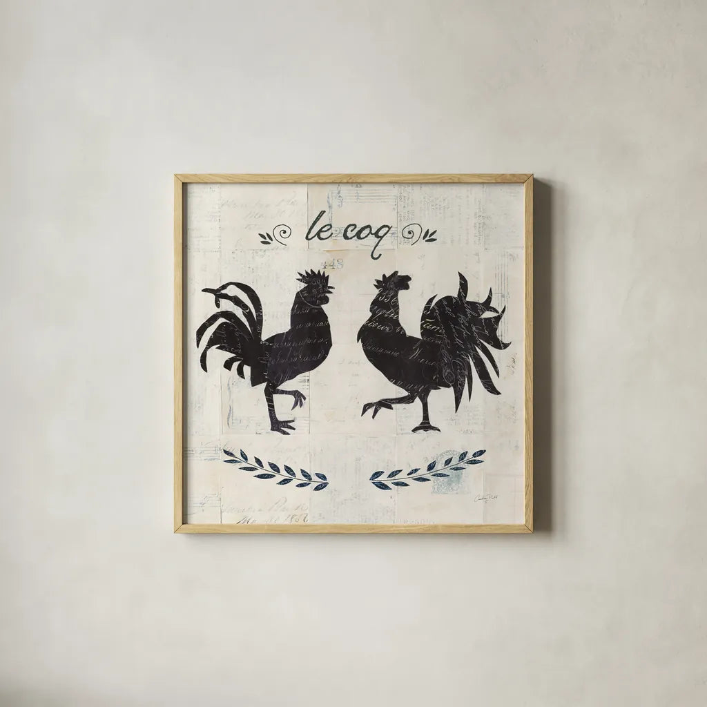Le Coq Silhouette Sq Words by Courtney Prahl. Shown in a natural wood glass frame for a timeless modern aesthetic. Available as an archival giclee rolled canvas, fine art paper, or poster print. SKU 52533a.