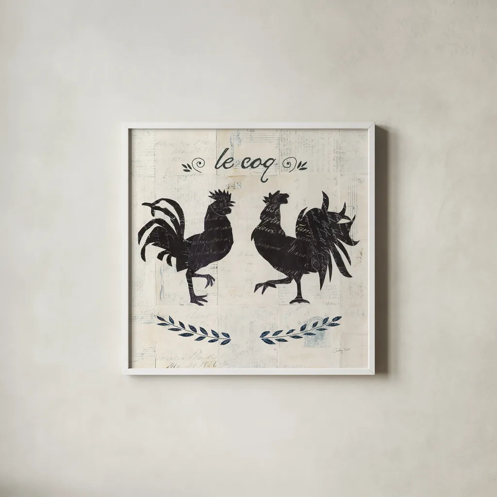 Le Coq Silhouette Sq Words by Courtney Prahl. Shown in a crisp white glass frame for a clean and minimalist style. Available as an archival giclee rolled canvas, fine art paper, or poster print. SKU 52533a.