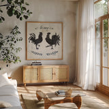 Le Coq Silhouette Sq Words by Courtney Prahl. Shown in a natural wood frame in a cozy modern living room. Available as an archival giclee rolled canvas, fine art paper, or poster print. SKU 52533a.