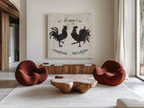 Le Coq Silhouette Sq Words by Courtney Prahl. Shown as extra-large giant wall art in a modern living room. Available as an archival giclee rolled canvas, fine art paper, or poster print. SKU 52533a.