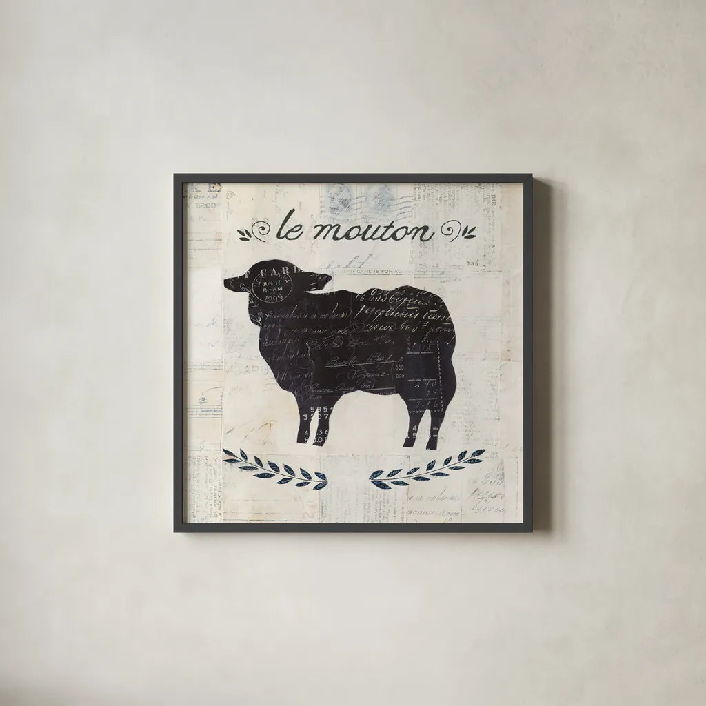 Le Mouton Silhouette Sq Words by Courtney Prahl. Shown in a sleek black glass frame for a contemporary gallery look. Available as an archival giclee rolled canvas, fine art paper, or poster print. SKU 52534a.
