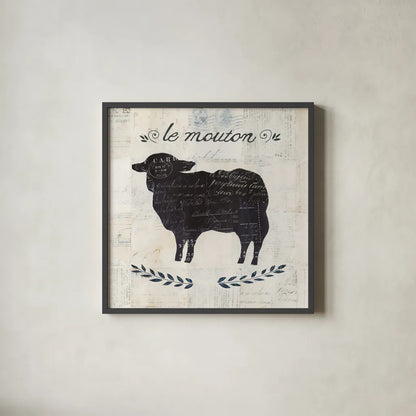 Le Mouton Silhouette Sq Words by Courtney Prahl. Shown in a sleek black glass frame for a contemporary gallery look. Available as an archival giclee rolled canvas, fine art paper, or poster print. SKU 52534a.