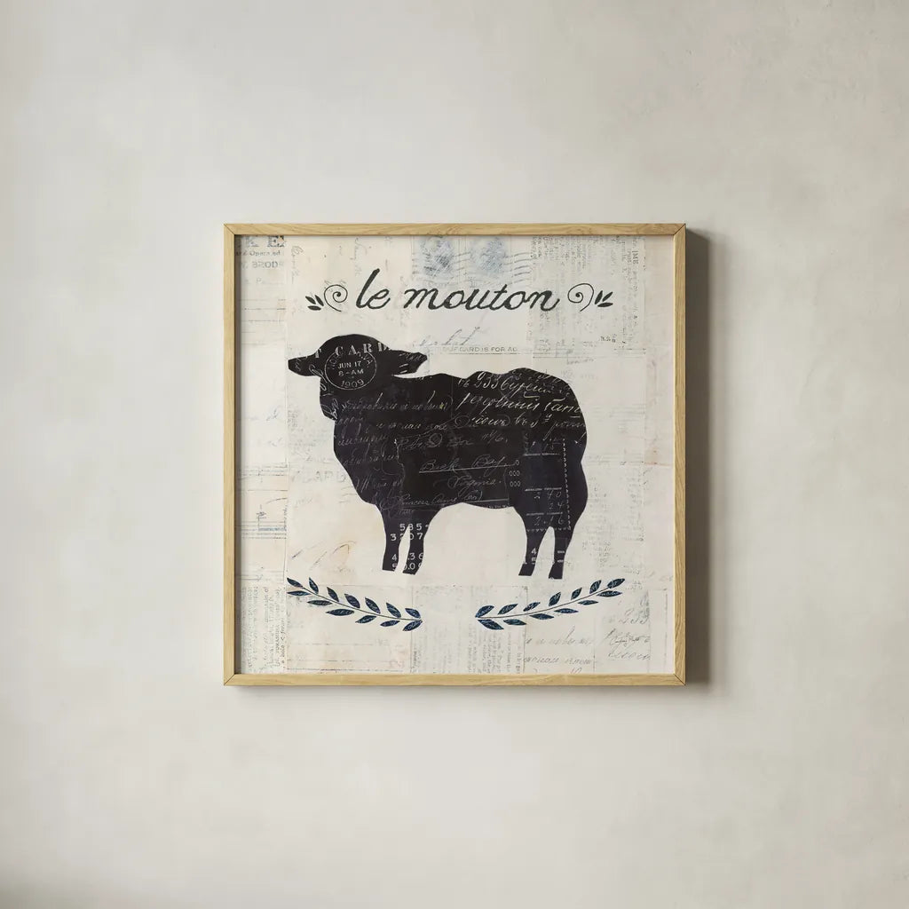 Le Mouton Silhouette Sq Words by Courtney Prahl. Shown in a natural wood glass frame for a timeless modern aesthetic. Available as an archival giclee rolled canvas, fine art paper, or poster print. SKU 52534a.